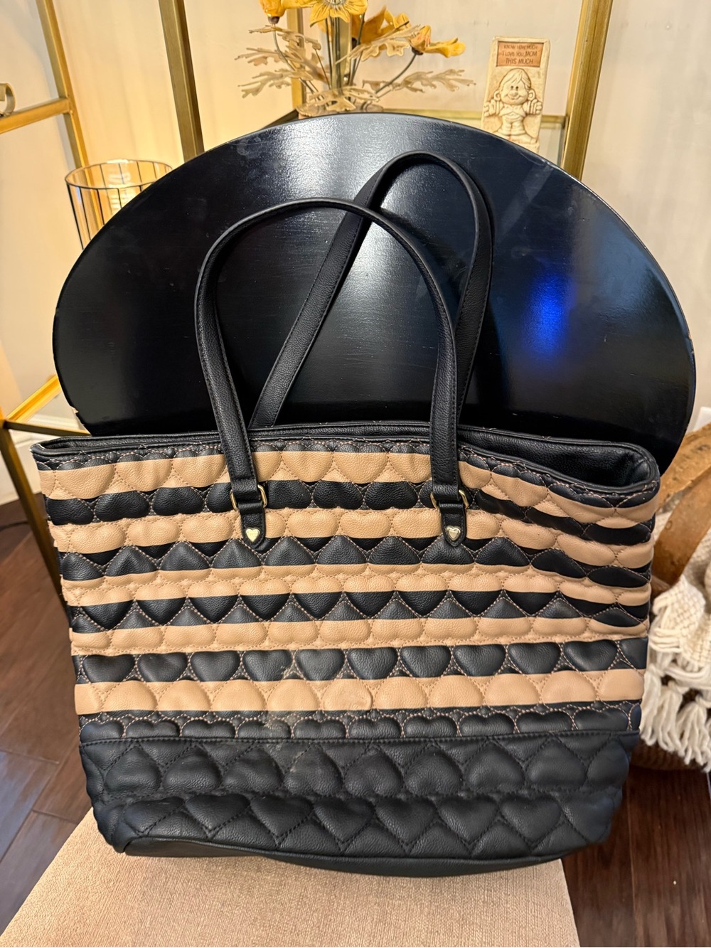 Betsy Johnson Quilted heart Striped Tote Bag in Black and Tan